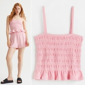 H&M // pink smocked terry cloth spaghetti strap peplum top